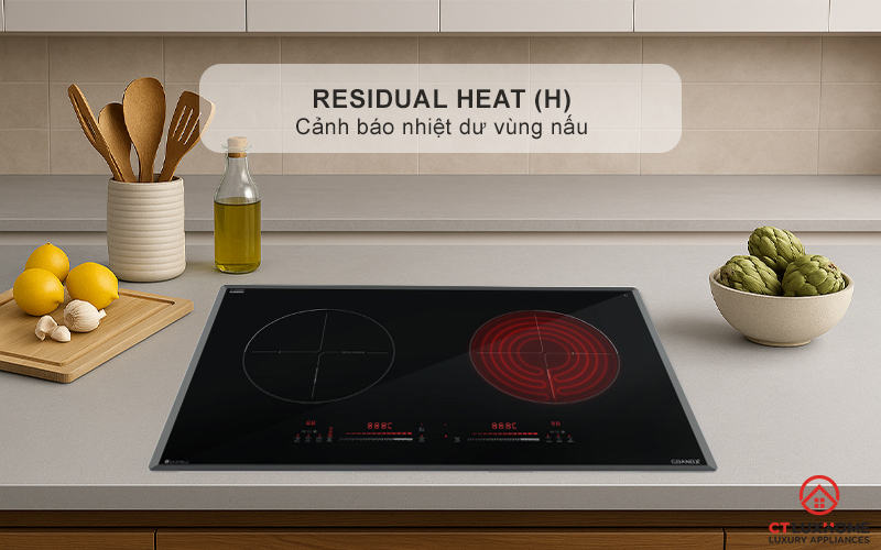 Cảnh báo nhiệt dư (H) khi nhiệt độ vùng nấu trên 60°C, tránh bỏng da