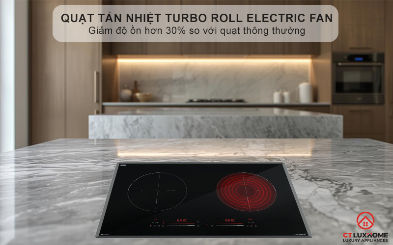 Quạt tản nhiệt Turbo hoạt động êm ái, độ ồn ≤ 38dB, tăng tuổi thọ cho bếp