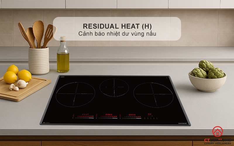 Cảm biến nhiệt dư, hiển thị ký hiệu “H” khi mặt bếp còn nóng, giúp phòng tránh bỏng
