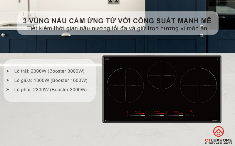 3 vùng nấu cảm ứng từ với công suất mạnh mẽ