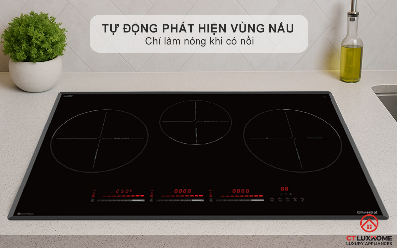 Cảm biến thông minh tự động phát hiện vùng nấu và chỉ làm nóng khi có nồi, đảm bảo an toàn và tiết kiệm điện