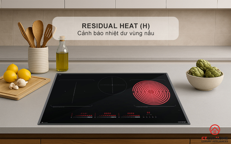 Cảm biến nhiệt dư, hiển thị ký hiệu “H” khi mặt bếp còn nóng, giúp phòng tránh bỏng
