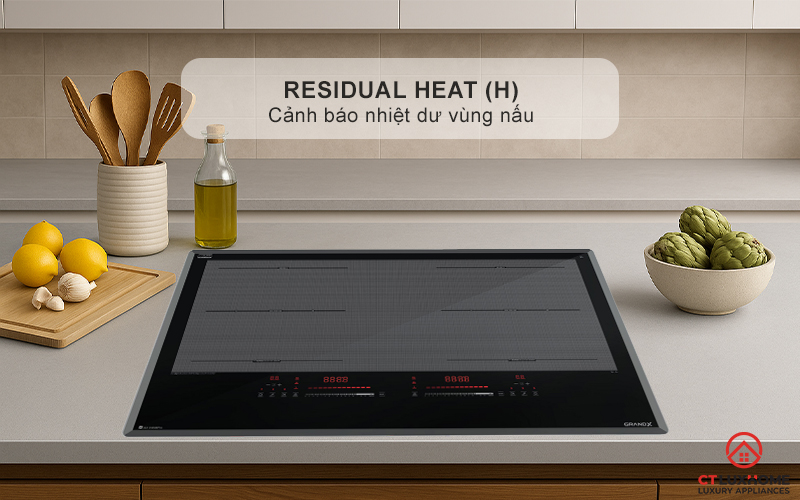 Cảnh báo nhiệt dư (H) khi nhiệt độ vùng nấu trên 60°C, tránh bỏng da