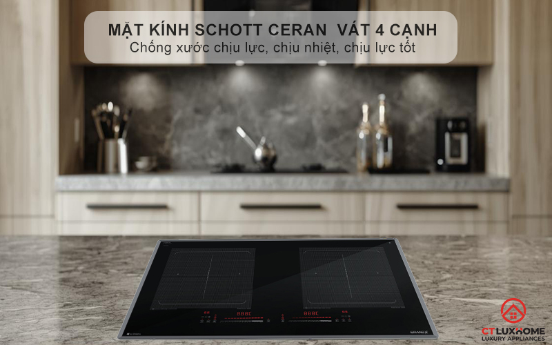 Mặt kính SCHOTT CERAN nhập khẩu, nổi bật với độ bền cao, vát 4 cạnh tinh xảo