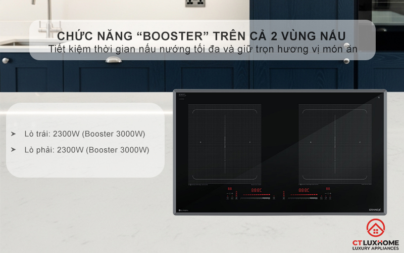 Chức năng “Booster” trên cả 2 vùng nấu, đạt công suất tối đa 3000W/vùng, tăng tốc độ nấu nướng vượt trội