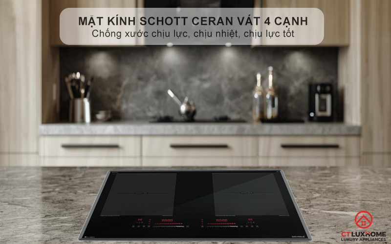 Mặt kính SCHOTT CERAN nhập khẩu, nổi bật với độ bền cao, vát 4 cạnh tinh xảo