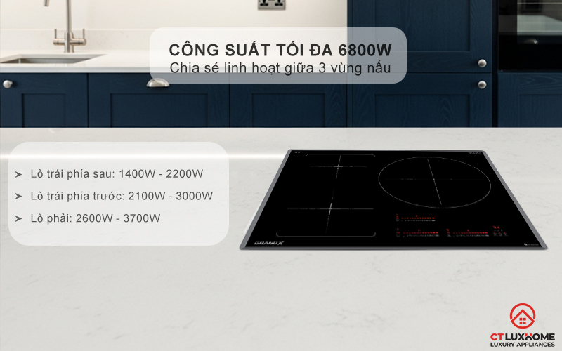 Công suất tối đa 6800W, chia sẻ linh hoạt giữa 3 vùng nấu