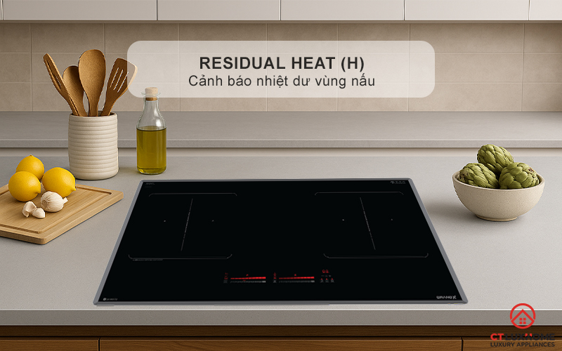 Cảm biến nhiệt dư, hiển thị ký hiệu “H” khi mặt bếp còn nóng, giúp phòng tránh bỏng