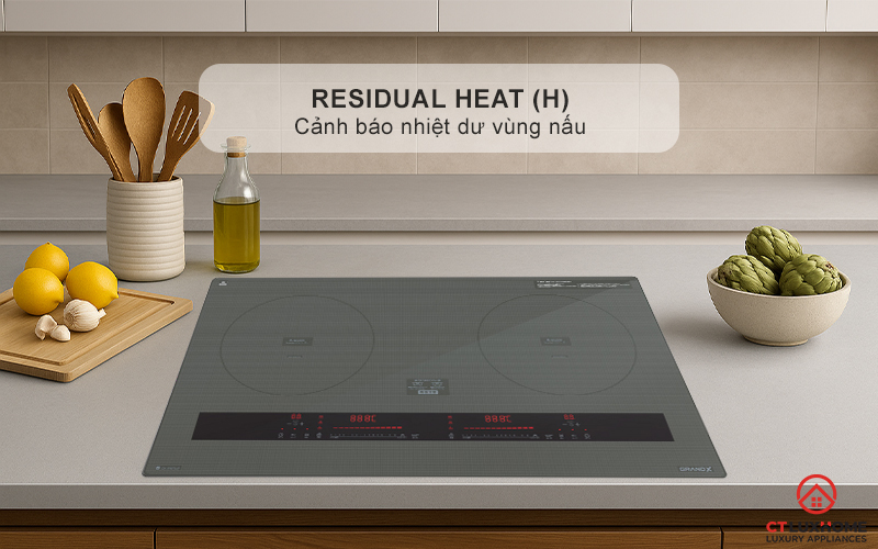 Cảm biến nhiệt dư, hiển thị ký hiệu “H” khi mặt bếp còn nóng, giúp phòng tránh bỏng