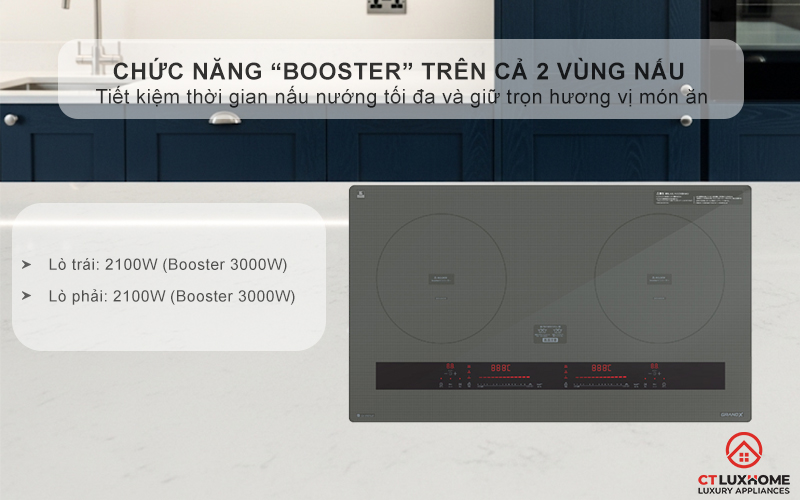 Chức năng “Booster” trên cả 2 vùng nấu, đạt công suất tối đa 3000W/vùng, tăng tốc độ nấu nướng vượt trội