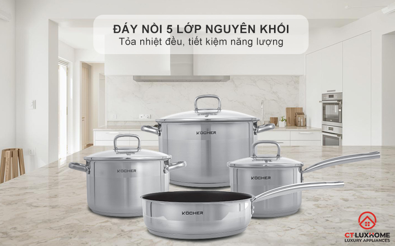 Đáy nồi 5 lớp kim loại liên kết, chịu lực nén