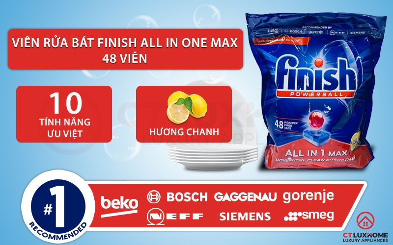 Tính năng nỏi bật của viên rửa bát Finish All in one max 48 viên hương chanh