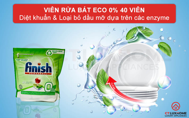 Giới thiệu về viên rửa chén bát Eco Finish 0% 40 viên Finish