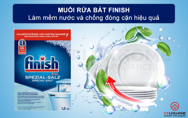 Muối rửa chén bát Finish 1,2kg có tác dụng làm mềm nước và chống đóng cặn vôi vữa