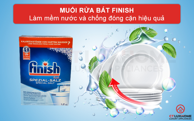 Muối rửa chén bát Finish 1,2kg có tác dụng làm mềm nước và chống đóng cặn vôi vữa