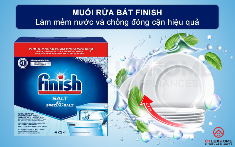 Muối rửa chén bát Finish 4kg loại bỏ cặn vôi vữa và làm mềm nước, bảo vệ máy rửa bát.