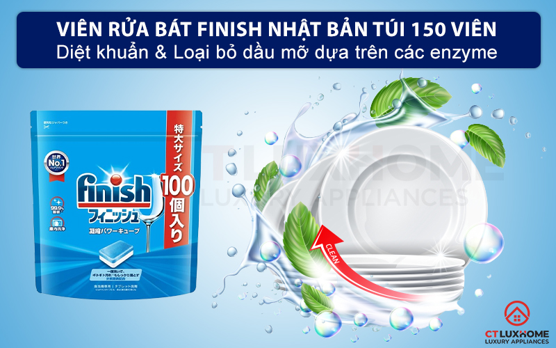 COMBO FINISH 2 Túi viên rửa bát Nhật 100 viên + 1 Nước bóng 800ml chanh + 1 Muối rửa bát 1.2kg 1