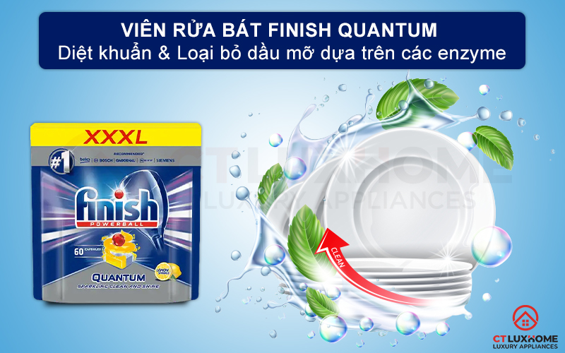 Viên rửa bát Finish Quantum 60 viên hương chanh đánh bay vết bẩn dầu mỡ nhờ các enzyme đặc biệt.