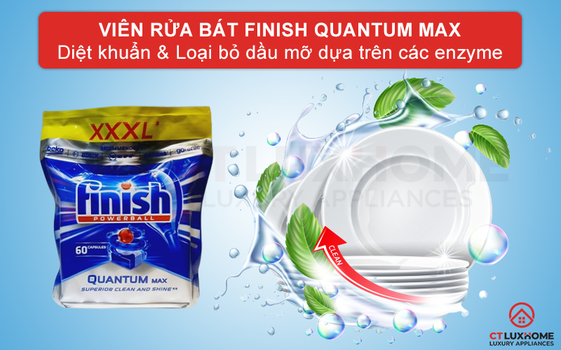 Viên rửa chén bát Finish Quantum Max 60 viên đánh bay vết bẩn dầu mỡ và bảo vệ đồ dụng nhà bếp hiệu quả
