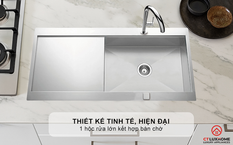 Thiết kế tinh tế, hiện đại và sang trọng có 1 hộc rửa lớn kết hợp bàn chờ tiện dụng