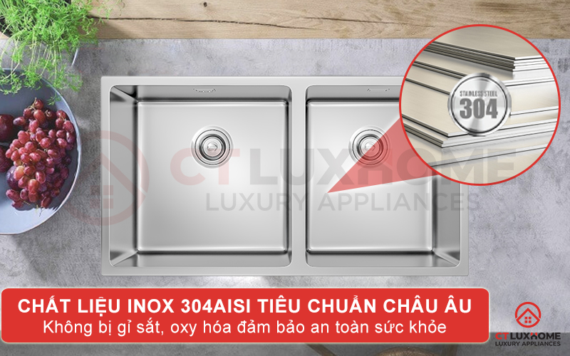 Chậu rửa chén bát Konox Undermount CUBE 8144DU được làm từ chất liệu inox 304AISI