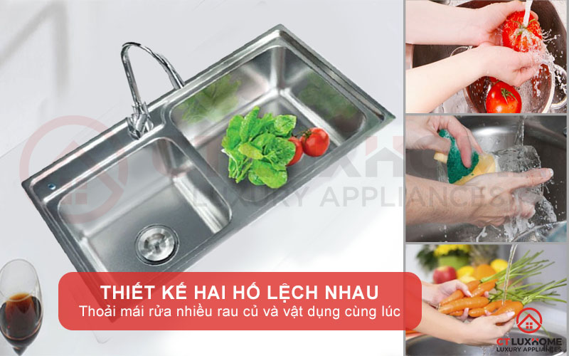 Thiết kế chậu 2 hố lệch nhau, phù hợp mọi diện tích