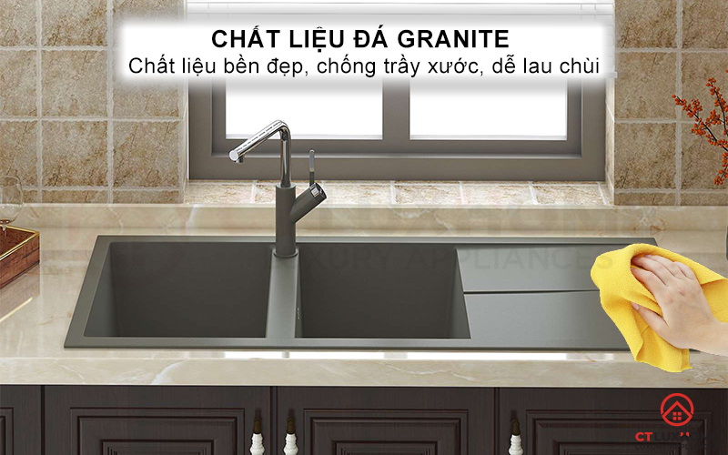 Chất liệu đá Granite cứng cáp, màu sắc thanh lịch tạo điểm nhấn cho căn bếp