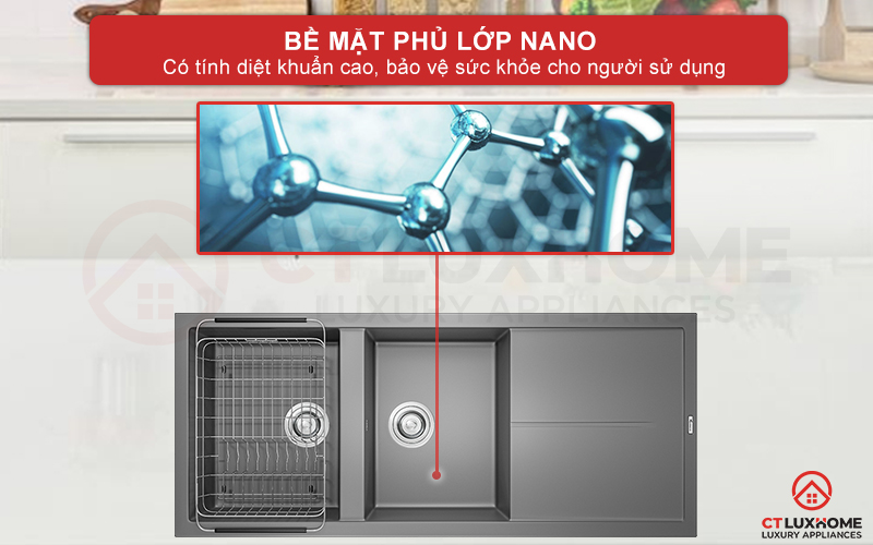 Bề mặt Chậu rửa bát Granite Livello Smart 1160 Grey được phủ một lớp Nano bạc có tính năng diệt khuẩn 100%