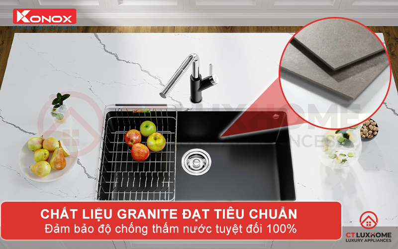 Chất liệu đá Granite bền bỉ, màu sắc thanh lịch tạo điểm nhấn không gian bếp