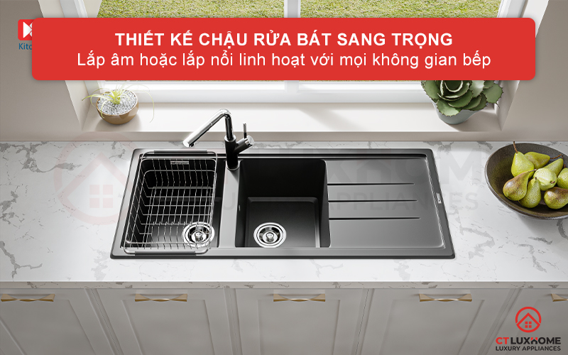 Chậu rửa bát Konox Granite Phoenix 1160 Black có thiết kế vát cạnh tinh tế, dễ dàng lau chùi