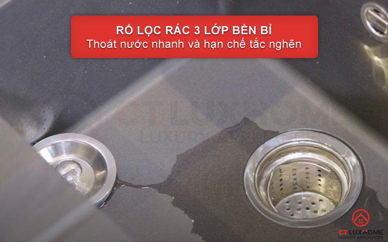 Trang bị rổ lọc rác 3 lớp bền bỉ, thoát nước nhanh và hạn chế tắc nghẽn