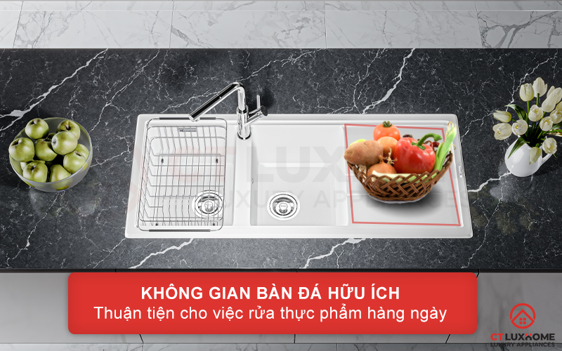 Ngoài 2 chậu có thích thước lớn, chậu rửa Konox Granite Phoenix White Silver mở rộng thêm không gian bàn đá