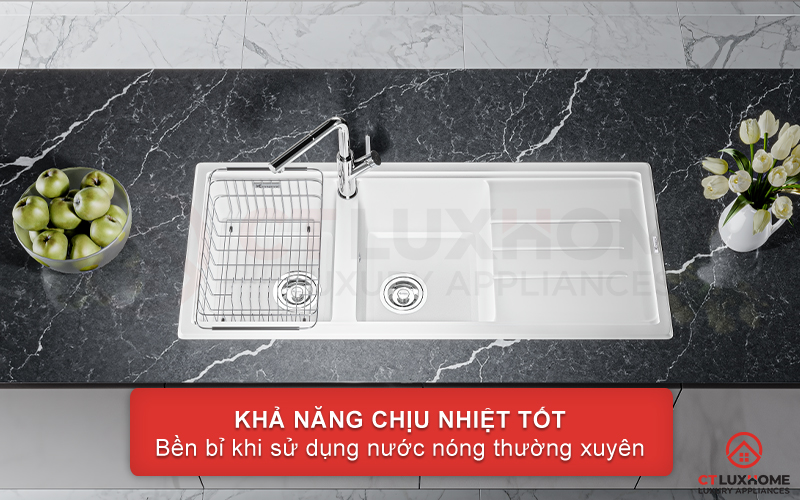 Khả năng chịu nhiệt tốt đảm bảo chậu rửa bền lâu khi sử dụng nước nóng thường xuyên