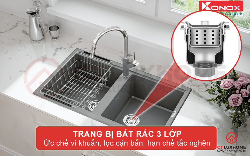 Trang bị bát rác 3 lớp lọc sạch cặn bẩn, hạn chế tắc nghẽn khi sử dụng