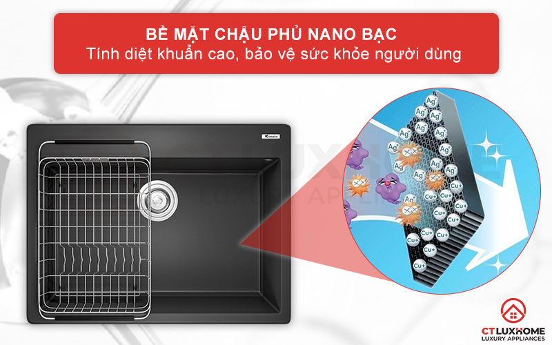 Bề mặt chậu phủ một lớp Nano bạc có tính diệt khuẩn cao, an toàn cho người dùng