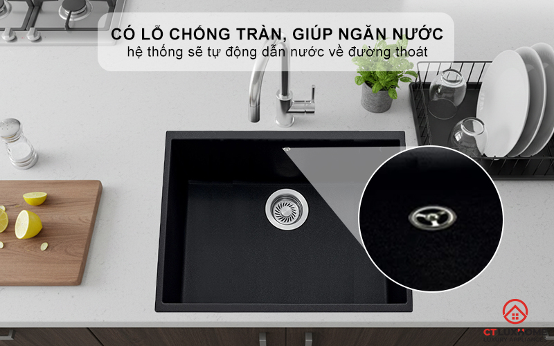 Có lỗ chống tràn, giúp ngăn nước tràn ra ngoài