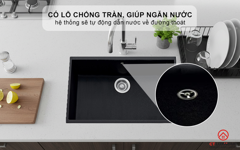 Có lỗ chống tràn, giúp ngăn nước tràn ra ngoài