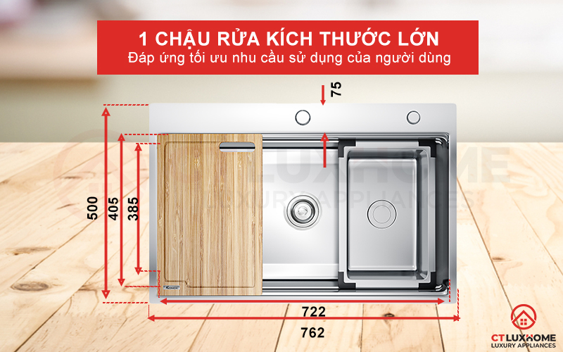 1 chậu rửa kích thước lớn, đáp ứng tối ưu nhu cầu người sử dụng