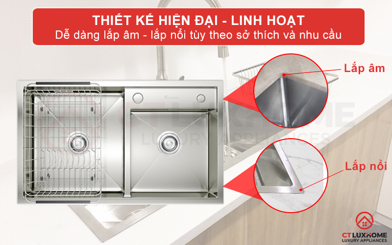 Thiết kế sang trọng tinh tế, lắp âm và lắp nổi linh hoạt phù hợp mọi không gian bếp