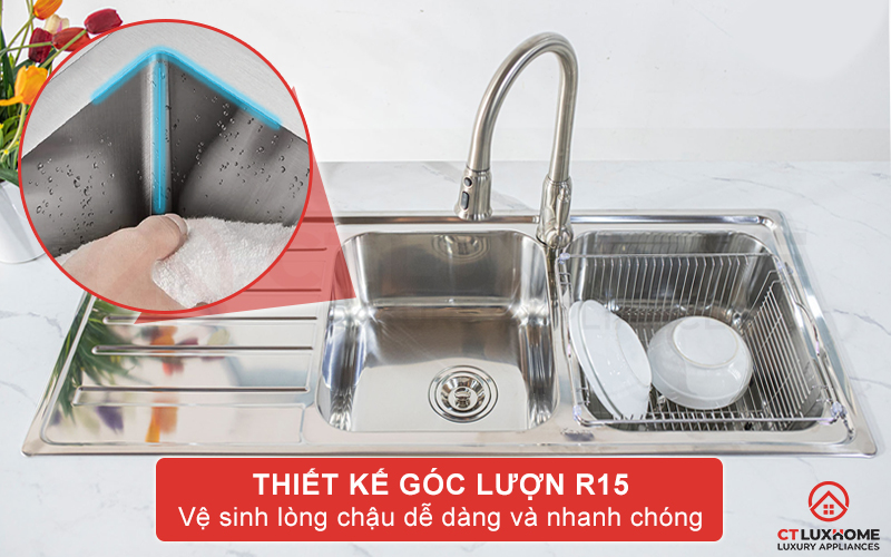 Vệ sinh lòng chậu nhanh chóng và dễ dàng nhờ góc lượn R15