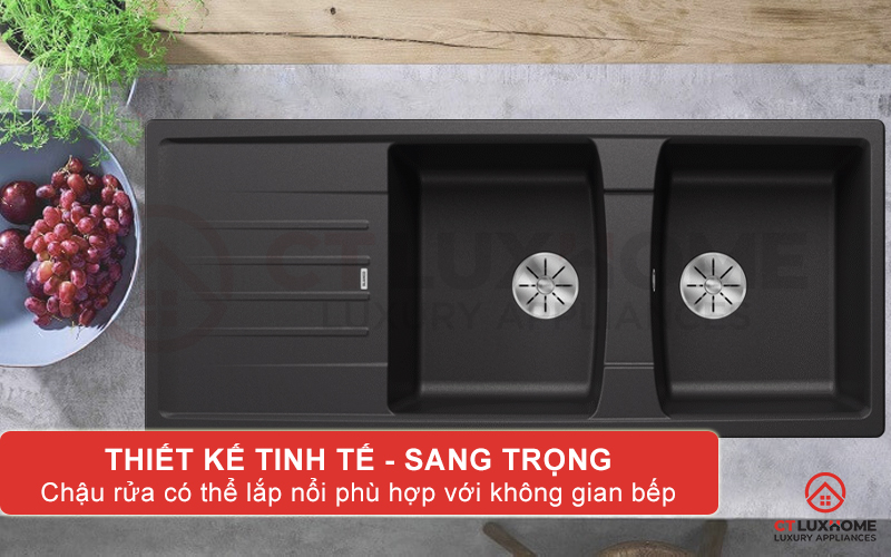 Chậu rửa chén bát Blanco LEXA 8 S Anthracite có thiết kế dài rộng với hai hố rửa và một bàn chờ sang trọng
