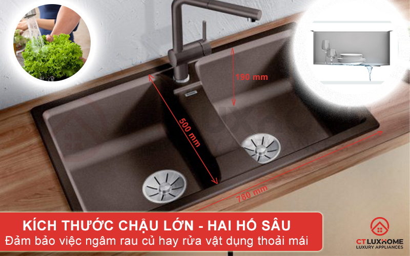 Chậu rửa với thiết kế hai hố tối ưu, đảm bảo việc ngâm rửa rau củ, vật dụng thoải mái