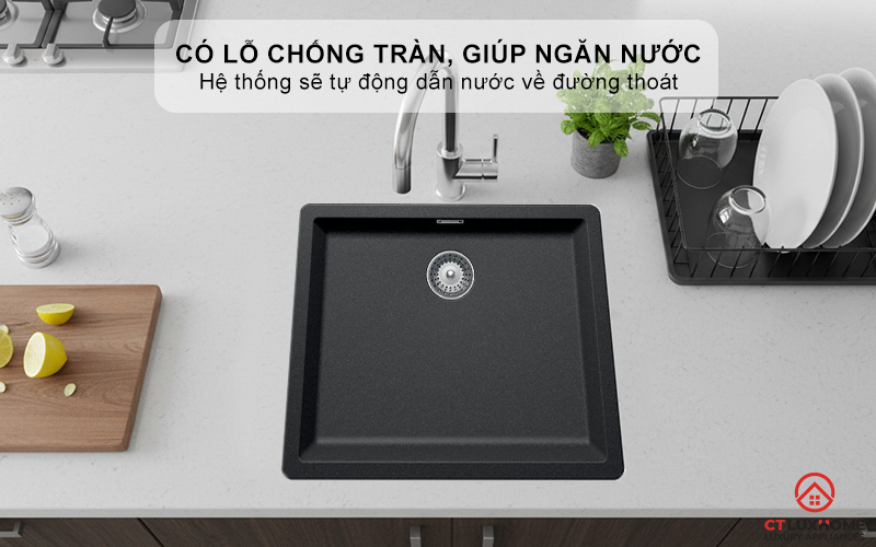 Có lỗ chống tràn, giúp ngăn nước tràn ra ngoài