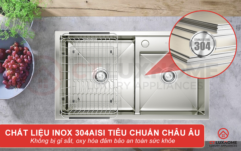 Chậu rửa Overmount Sink KN8245DO được sản xuất với chất liệu chính là inox 304AISI