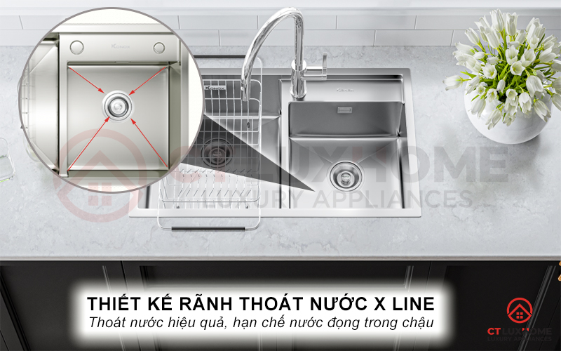 Chậu Overmount Sink KN8248DO còn được thiết kế với rãnh thoát nước X-line