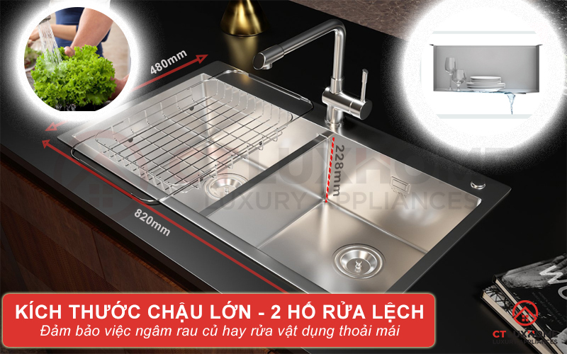 Chậu rửa với thiết kế chính là 2 hố rửa lớn với kích thước (R x S) 373 x 380mm