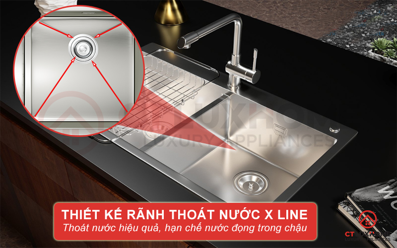 Thiết kế của chậu Overmount Sink KN8248DOB còn có rãnh thoát nước X-line