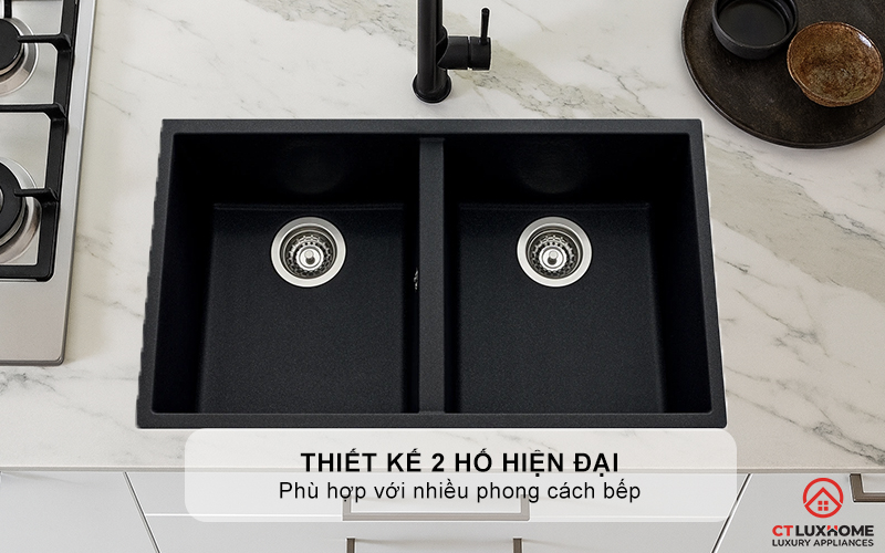 Thiết kế 2 hố hiện đại, phù hợp với nhiều phong cách bếp