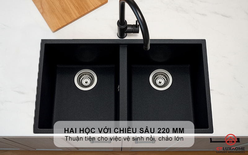 Hai hộc rửa lớn với chiều sâu 220 mm