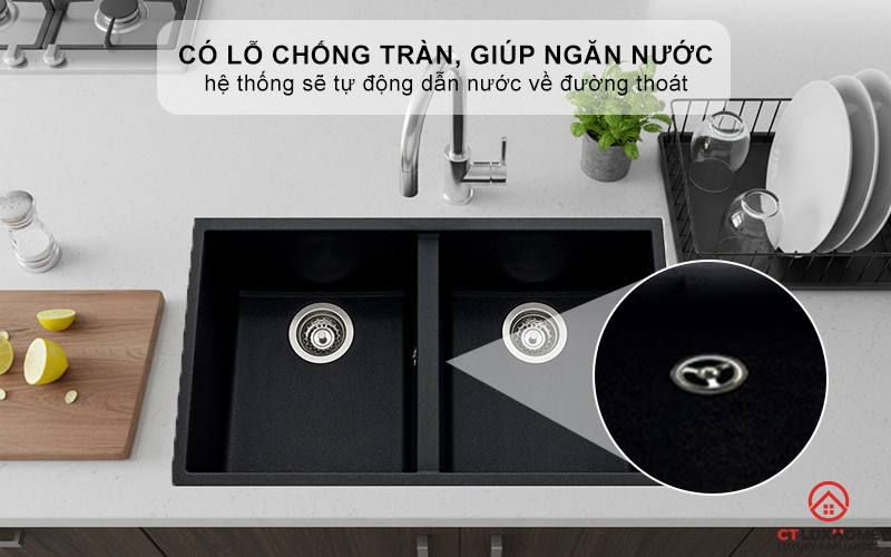 Có lỗ chống tràn, giúp ngăn nước tràn ra ngoài